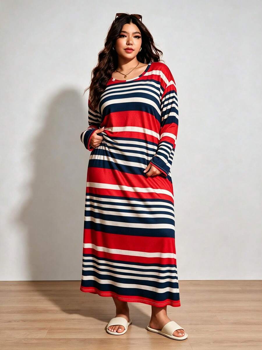 Women's Striped Print Long Nightgown, Plus Size Comfortable Long Sleeve Sleep Dress, Suitable For Autumn/Winter - Multicolor - View 1