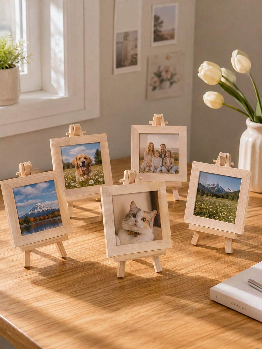 1/3/5pcs Mini Wooden Easel Frame, Natural Wood Desktop Photo Display Stand, Suitable For Photos, Artworks, Cards And Home Decor - Wood Color - View 1