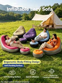 1 Set Khaki/Blue Durable PVC Inflatable Slouchy Sofa, Lightweight And Easy To Store, Modern Minimalist Style, Suitable For Yard, Balcony, Camping And Outdoor Travel Leisure, Holiday Essential - Multicolor - View 8