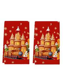 2pcs Christmas Gingerbread Castle And Cookie Print Kitchen Towels, Colorful Candy Winter Village Design Dish Cloths, Suitable For Kitchen Cleaning & Christmas Decor - Red - View 9