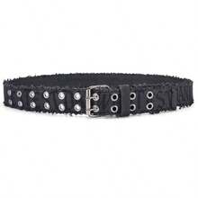 1pc Men's Denim Embossed Washed Double Buckle Belt, Popular Style - Black - View 3