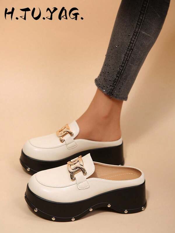 Metal Chain Decor Loafer Mule Slippers, Rivet Platform Thick Sole Women's Backless Slouchy Slippers