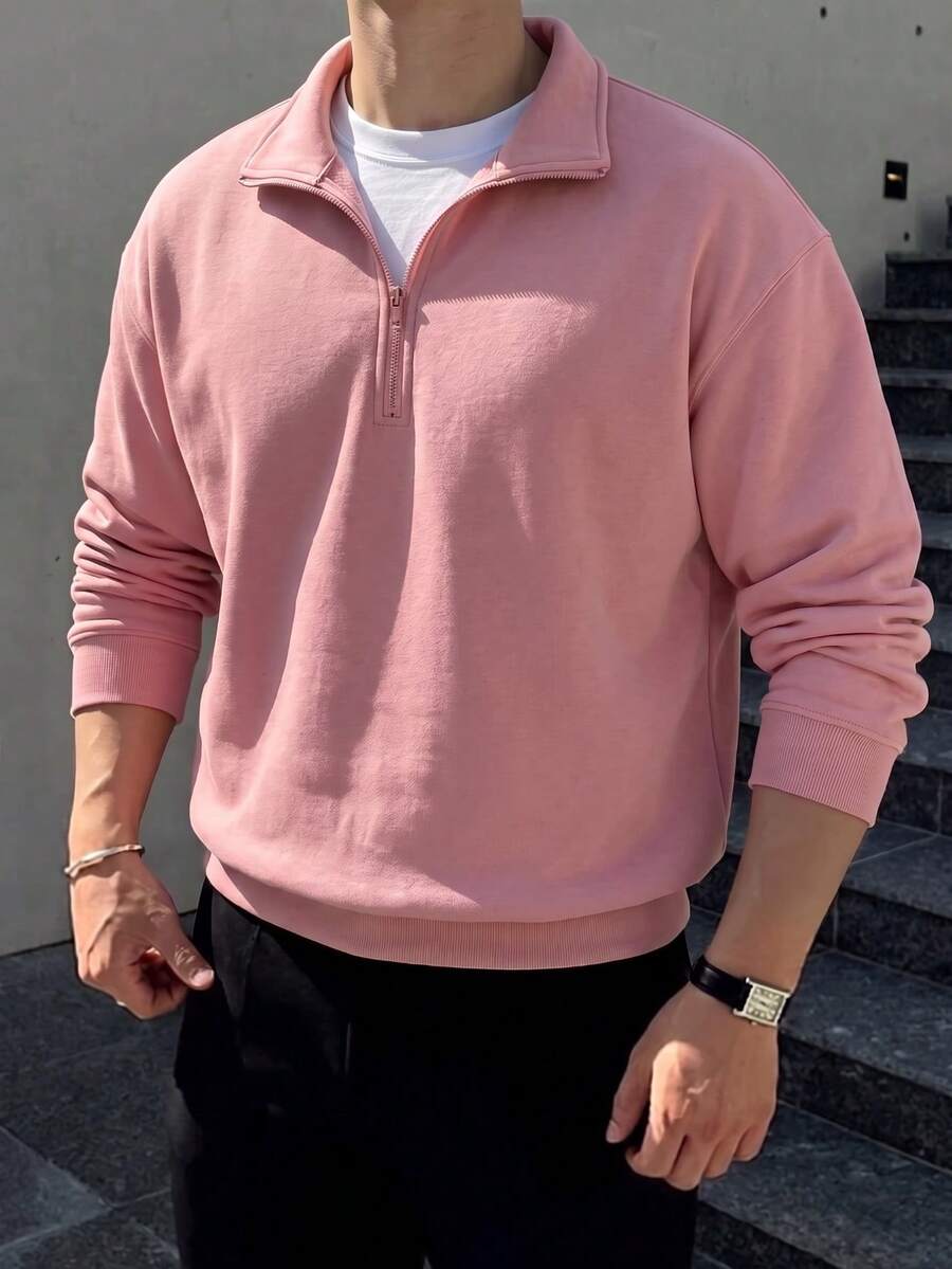 1件男士半拉鍊翻領薄款長袖純色運動衫