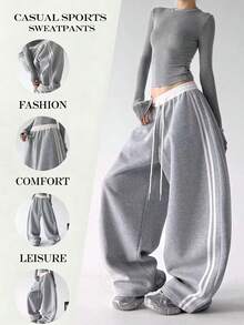 Women's Fashion New Contrast Color Design Side Stripe Drawstring Pocket Wide Leg Sweatpants, Loose Casual Straight Leg Pants For Daily Wear, Dance, Running, All Seasons - Light Grey - View 2