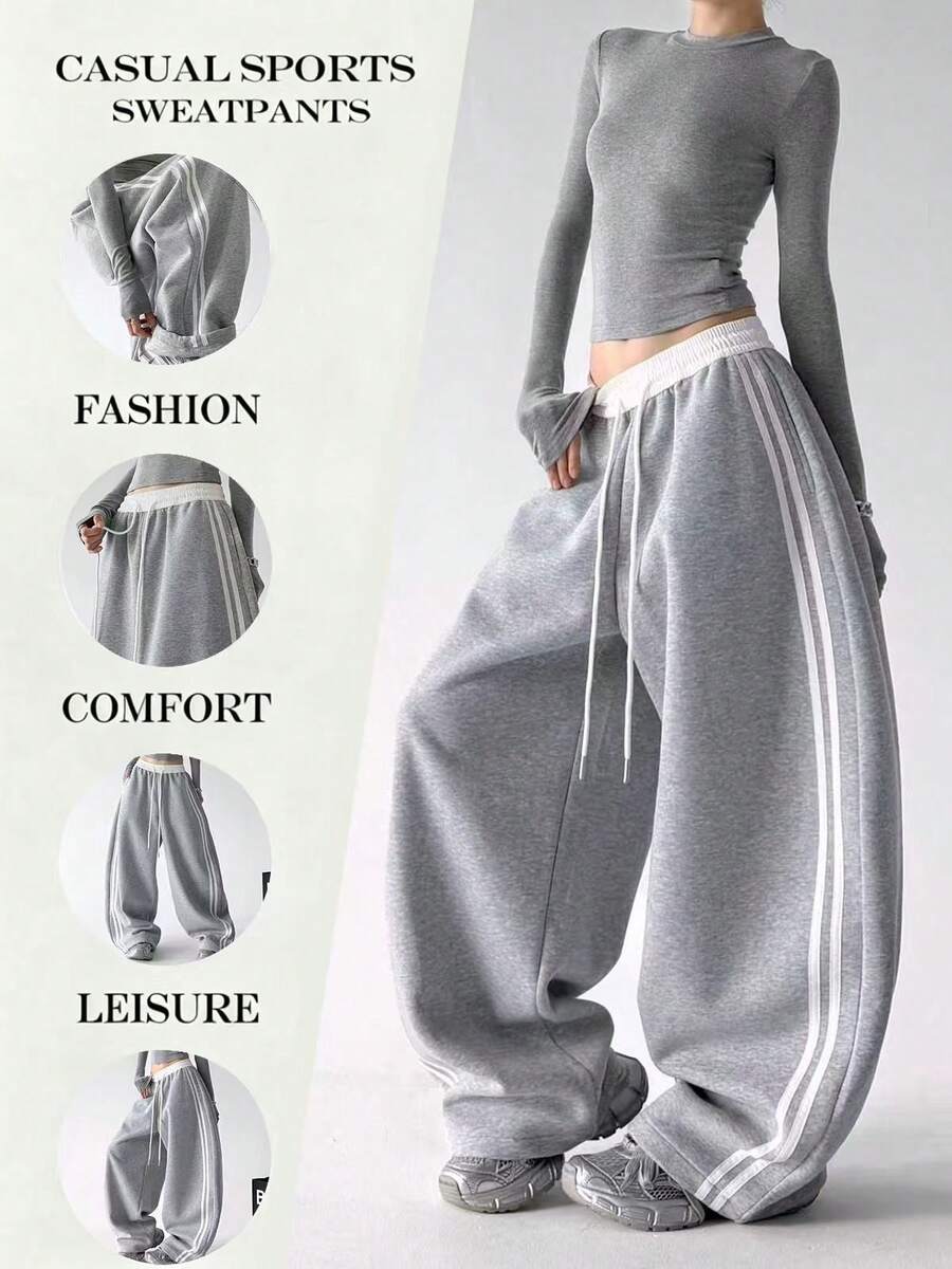 Women's Fashion New Contrast Color Design Side Stripe Drawstring Pocket Wide Leg Sweatpants, Loose Casual Straight Leg Pants For Daily Wear, Dance, Running, All Seasons