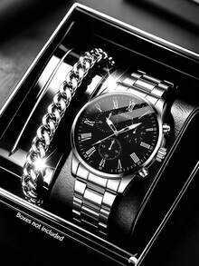 2pcs/Set Men's Fashion Stainless Steel Quartz Watch And Bracelet, Suitable For Party And Formal Occasions, Perfect Holiday Gift - Silver - View 11