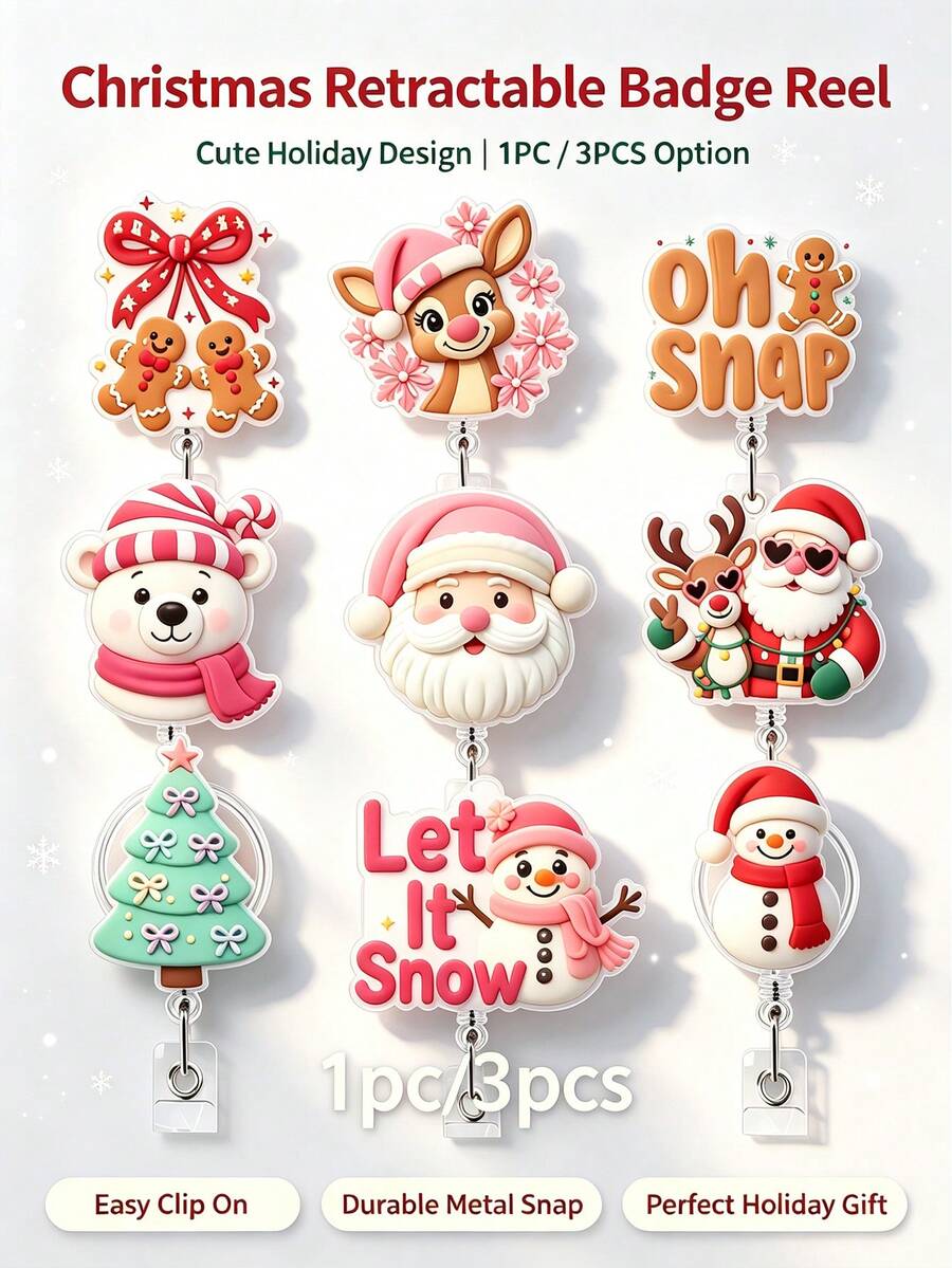 Christmas Retractable Acrylic Badge Reel, Knitted Style ID Holder, Anti-Loss Nurse Badge Clip - A - View 1