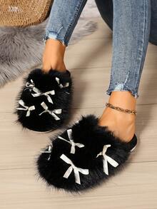 Bowknot Plush Closed-Toe Slippers, New Autumn/Winter Home Warm Cute Fuzzy Slippers For Indoor And Outdoor Wear - Black - View 3