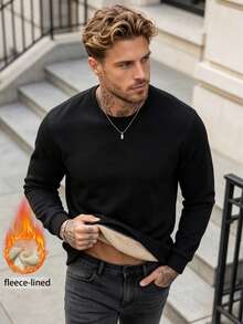Men's Solid Color Minimalist Pullover Sweatshirt, Autumn/Winter Thermal Lined Lambswool Crew Neck Casual Versatile - Black - View 2