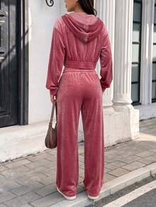 Fashionable Women's Velvet Hooded Short Jacket & Elastic Waist Wide Leg Pants Set, Casual Autumn Outfit Choice, With Pocket Design - Pink - View 3