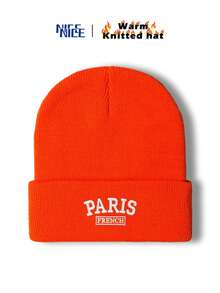 1件裝 男士 PARIS FRENCH 刺繡秋冬針織毛帽，時尚中性 Y2K 無邊帽，防風保暖戶外帽 - A - 查看 16