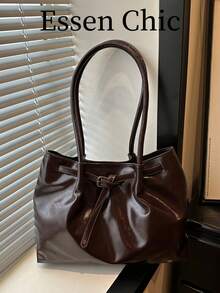 1pc Coffee Brown Buckle Strap Decor Large Capacity Solid Color PU Tote Bag Women's Shoulder Bag - Coffee Brown - View 8