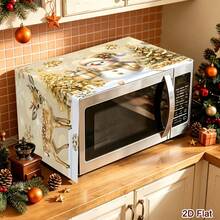 1pc 2D Flat Christmas Microwave Cover, White & Gold Snowman, Reindeer, Christmas Tree Pattern, Polyester Material Home Kitchen Microwave Dust Cover, Perfect For Holiday Kitchen Decor And Appliance Protection, Winter Home - Multicolor - View 2