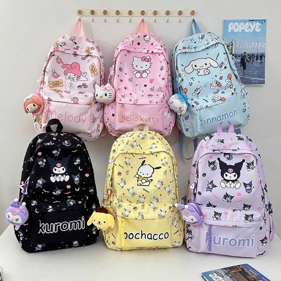 Sanrio Hello Kitty Pink All-Over Print Oxford Fabric Student Backpack, Cute Cartoon Character Large Capacity School Bag, Japanese Style Multi-Pocket Lightweight Daypack, Suitable For Students Travel And Daily Campus Use - A - View 1