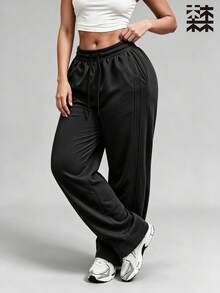 mulinsen Women Athletic Straight Leg Sweatpants,Elastic Drawstring Waist Side Seam Stitching Loose Fit Side Pockets,Workout Daily Street Outdoor Wear - Black - View 3