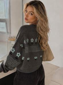 Wixra Graphic Floral Pattern Button Front Drop Shoulder Knit Cardigan Casual Long Sleeve Crew Neck Loose Sweater Outerwear - Grey - View 2