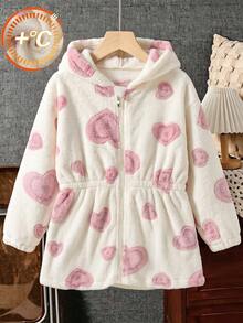 Girls' Soft Plush Flannel Hooded Coat With Heart Print, Full Zip, Mid-Length, Waist Tie, Thickened For Autumn/Winter - White - View 2