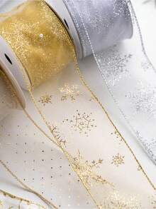 1PC Gold Foil Snow Tulle With Wired Edge Snowflake Organza Christmas Decorative Ribbon With Silver Glitter Bow Material - Multicolor - View 6