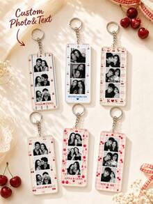 1pc Custom Personalized Photobooth Style Photo Couples Keychain, Striped Photo Keychain, Gift For Boyfriend, Best Friend Keychain, Anniversary Gift,Personalized Gift, Christmas Gift - Red - View 1