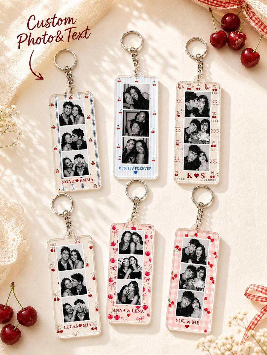 1pc Custom Personalized Photobooth Style Photo Couples Keychain, Striped Photo Keychain, Gift For Boyfriend, Best Friend Keychain, Anniversary Gift,Personalized Gift, Christmas Gift - Red - View 1
