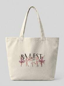 1/2pcs Ballet Dancer Letter Print Corduroy Large Capacity Open Top Tote Bag, Holds Books Daily Essentials For Student School Shopping Daily Travel - Multicolor - View 5