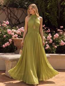 UNITHORSE Elegant Women's Chiffon Maxi Dress, Sexy V-Neck Backless Evening Gown - lemon Green - View 1