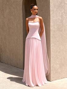 UNITHORSE Women's Formal Pink Chiffon Strapless Tie-Up Asymmetrical Pleated Maxi Evening Dress - Baby Pink - View 2