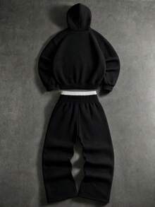 SU ER Men's Long Sleeve Drawstring Hoodie And Double Waist Design Elastic Waist Drawstring Casual Pants Set - Black - View 3