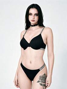 Lounge Court 1 Set Women's Ribbed Comfortable Underwire Bra And Thong Panty Set - Black - View 6