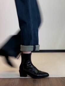 女款尖頭粗跟踝靴，後拉鍊設計，秋冬新款黑色高級靴 - 黑色 - 查看 4