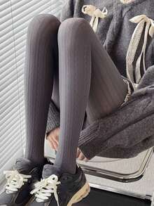 1pc Women's Casual Versatile Textured Dark Gray & White Leggings, High Elasticity Soft & Comfortable, Vintage Pattern Tights, Suitable For All Seasons - Multicolor - View 5
