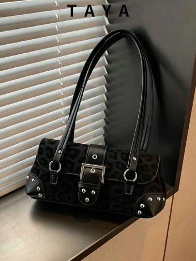 Tas Tangan Wanita Motif Leopard Y2K Vintage dengan Gesper Rivet, Tas Selempang Motif Leopard Hitam Vintage, Tas Tangan Gaya Punk, Cocok untuk Kasual Sehari-hari, Pesta, dan Perjalanan