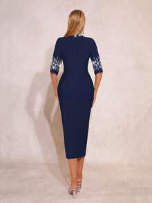 Women's Elegant Stand Collar 3/4 Sleeve Rhinestone Design Bandage Knee Length Dress, Suitable For Daily Wear, Party And Banquet - Royal Blue - View 6