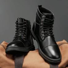Men's High Gloss Pure Black Thick Sole Height Increasing Boots, Oxford Boots And Dress Boots - Black - View 1