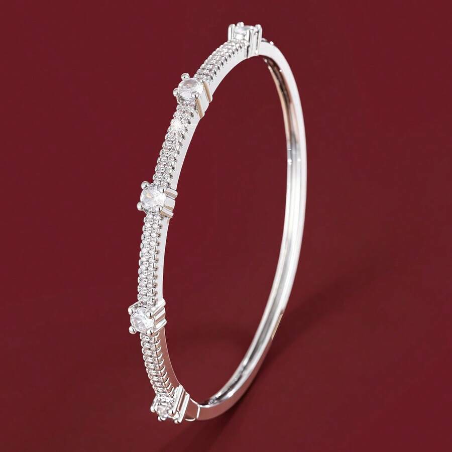 1pc Minimalist Geometric Dotted Design Cubic Zirconia Inlaid Bracelet For Women - Multicolor - View 1