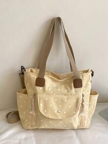 New Korean Style Gentle Polka Dot Bow Decor Large Capacity Multi-Pocket Shoulder Bag, Retro Sweet Lazy Casual Versatile Colorblock Detachable Long Strap Tote Bag, Suitable For Students, Classroom, Commuting, Work, Daily, Shopping, Vacation, Travel - Multicolor - View 15