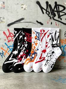 5 Pairs Men's Graffiti Splatter Mid-Calf Socks, Personalized Street Style Colorblock Print Design, Niche Fashion Versatile Socks - Multicolor - View 3