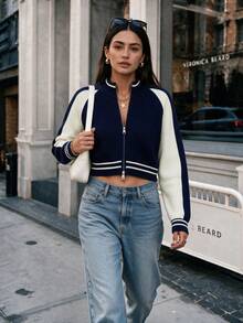 2026 Women's Autumn/Winter New College Style Colorblock Double Zipper Stand Collar Knit Cardigan, Raglan Sleeve Short Sweater Jacket, Street Casual Outing Top - Blue and White - View 6