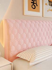 Hexagon Pattern Quilted Soft Bread-Shaped Headboard Cover, Thick Solid Color Dust-Proof Protective Bedding Accessory, All-Season Use, Fixed Back Adhesive, Elastic Stretchable, Removable - Pink - View 9