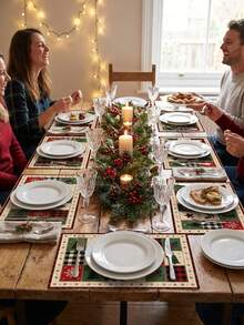 Christmas Patchwork Plaid Table Runner And Placemat Set, Christmas Tree Snowflake Holly Print Polyester Table Decor, Washable And Reusable, Christmas Party Home Decoration, Multiple Sizes Available - A - View 3