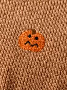 男孩女孩萬聖節南瓜刺繡圓領長袖針織毛衣，3D紋理趣味圖案休閒百搭節日套頭衫 - 橘色 - 查看 4