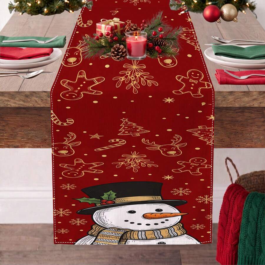 1pc Christmas Snowman Snowflake Gingerbread Man Print Table Runner, Suitable For Holiday, Party, Birthday, Dinner, Restaurant Table Decor, Christmas Home Decoration - Multicolor - View 1