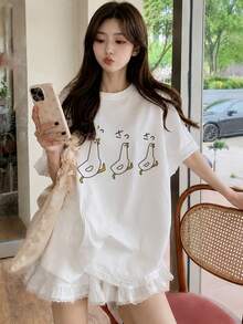 Kaos Wanita Gaya Jepang Model Longgar Kerah Bulat Sederhana Serbaguna Motif Kartun Bebek Jepang Lengan Pendek, Warna Putih Kasual Musim Semi/Panas - Putih - View 1