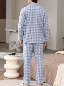 2pcs/Set Men's Pajamas Homewear Set, Lapel Cardigan Couple Style Fashion Long Sleeve Long Pants, Easy Care Fabric - Blue - View 3