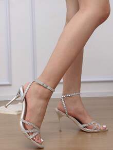 Silver Crystal Rhinestone Strappy Stiletto Heel Women's Sandals, Ankle Strap Round Toe High Heels, Elegant Wedding Guest Dress Shoes - Silver - View 5