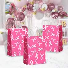 Pink Ribbon Breast Cancer Awareness Theme Paper Gift Bag, Sturdy Kraft Paper Party Favor Bag With Twisted Rope Handles, Suitable For Nurses Day Party, Nurses Week Events, Charity Fundraising, Awareness Walk, Pink October, Gift Wrapping And Event Decoration Supplies - Pink - View 2