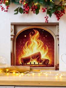Simulation Firewood Fireplace Wall Sticker, Removable Self-Adhesive PVC Waterproof Sticker, Christmas Winter Atmosphere Decoration, Vintage Brick Flame Pattern, Home Makeover Sticker For Living Room, Fridge, Oven And More - Wall Stickers - View 6