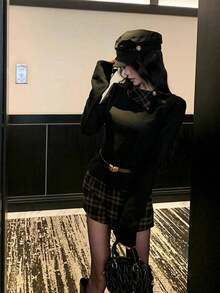 New Women's Winter Knit Long Sleeve Christmas Cosplay Top, Spring/Autumn Simple Elegant Sexy Plaid Patchwork Long Sleeve Knit Sweater - Black - View 4