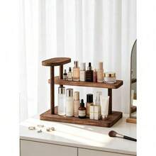 1pc Vintage Wooden Desktop Perfume & Cosmetics Storage Rack, Retro Solid Wood Makeup Organizer, Multi-Tier Display Shelf, Skincare Products Storage Rack, Suitable For All Seasons - Brown - View 5
