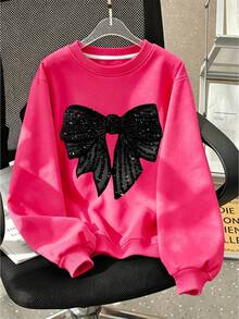 Girls' Crew Neck Pullover Sweatshirt, Printed With Shiny Black Bow Pattern, Sweet Style Loose Fit, Suitable For Spring And Autumn - Hot Pink - View 3